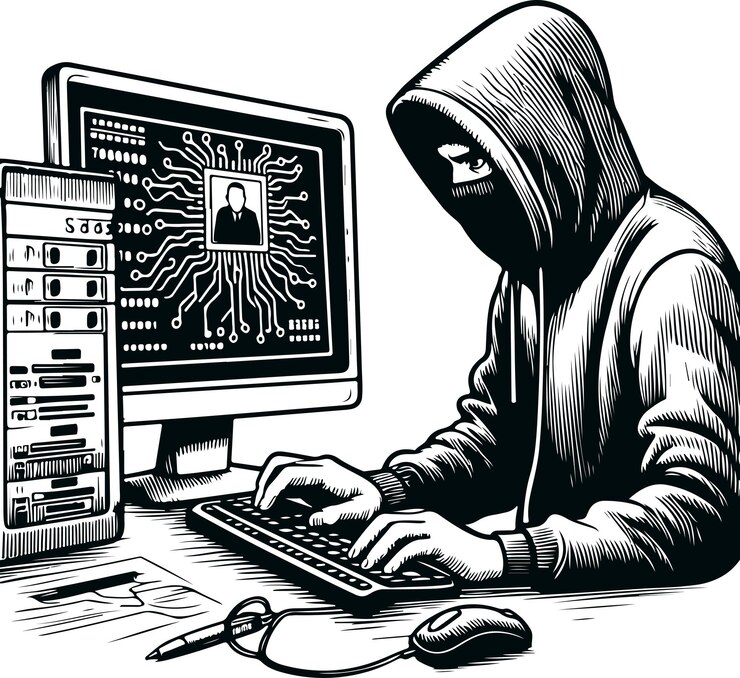 Vector monochrome cosmonaut computador hacker icon vector ilustración diseño estilo de silueta