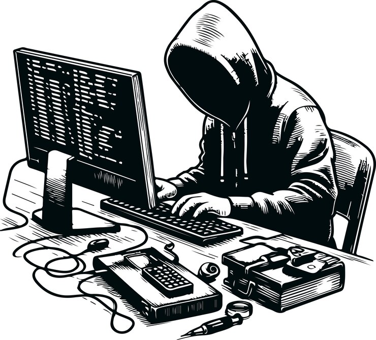 Vector monochrome cosmonaut computador hacker icon vector ilustración diseño estilo de silueta