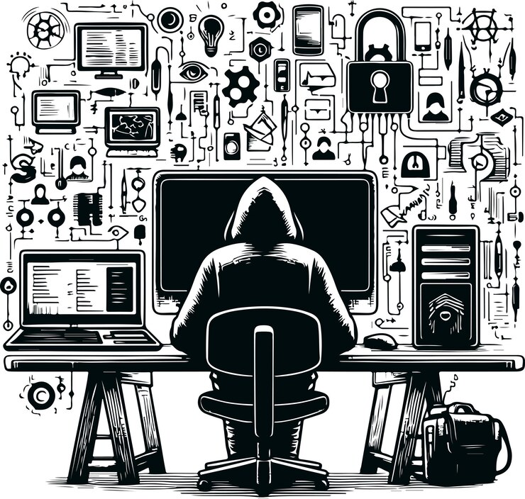 Vector monochrome cosmonaut computador hacker icon vector ilustración diseño estilo de silueta