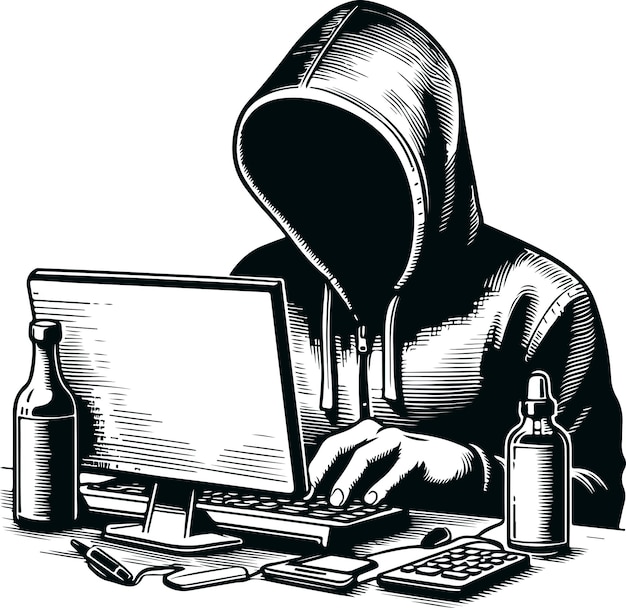 Monochrome Cosmonaut Computador Hacker Icon Vector Ilustración Diseño Estilo de silueta
