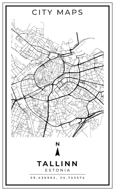 Monochrome Line Art Mapa de Tallin Capital de la ciudad de Estonia Ilustración y decoración del hogar