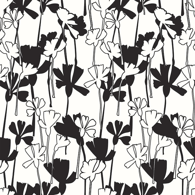 Monocromo abstracto de patrones sin fisuras Ilustración botánica en blanco y negro siluetas de flores