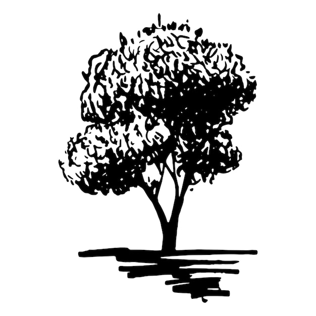 Monocromo árbol silueta bosquejo línea arte aislado vector