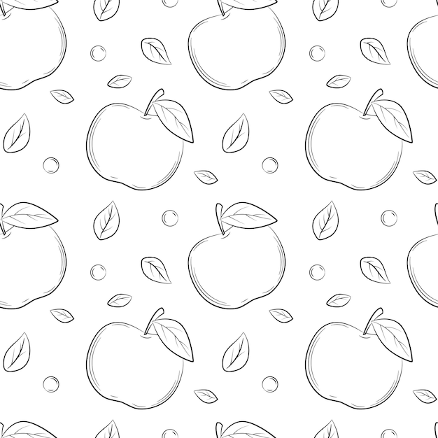 Monocromo blanco y negro de patrones sin fisuras Manzanas dibujadas a mano con hojas Un fondo de esquema simple para diseño web producto embalaje servilletas telones de fondo ilustración vectorial en blanco