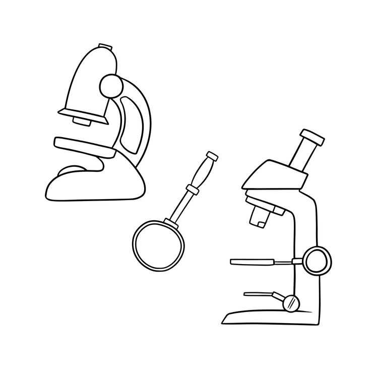 Vector monocromo conjunto de imágenes que magnifican los instrumentos para el microscopio de investigación de laboratorio y el vector de lupa