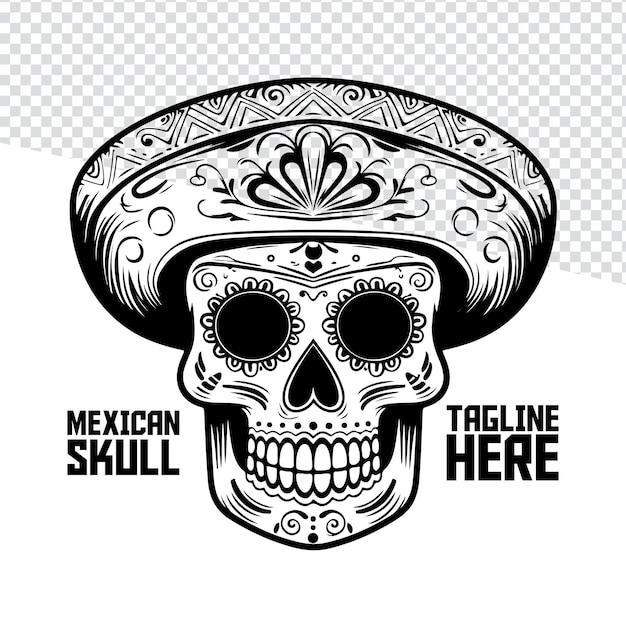 Monocromo cráneo sombrero vector Handdrawn calavera etiqueta emblema tee