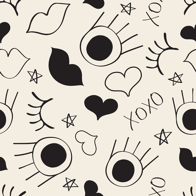 monocromo sin fisuras dibujado a mano patrón de fondo con ojo, pestañas, labios y corazón
