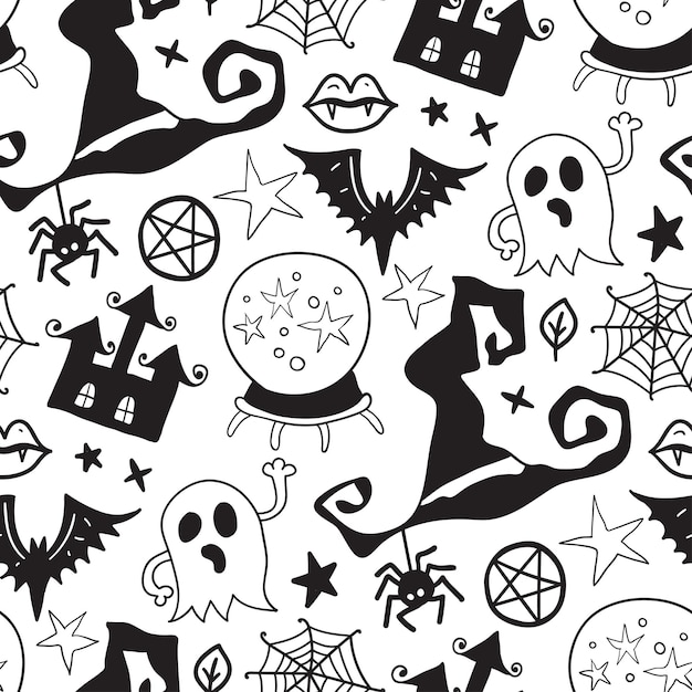 Monocromo de patrones sin fisuras de elementos de garabato dibujados a mano de Halloween de terror