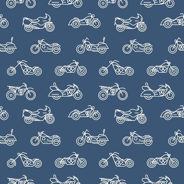 Vector monocromo de patrones sin fisuras con motocicletas de varios modelos dibujados con contornos blancos sobre fondo azul - motos chopper, bobber, sport y motocross. ilustración de vector de estilo lineal de moda.