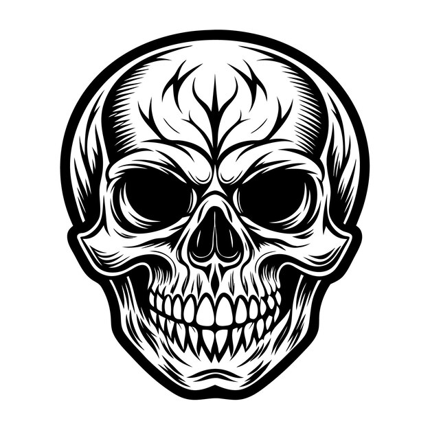 Monocromo vintage Halloween cráneo humano ilustración de línea de arte concepto de vector negro
