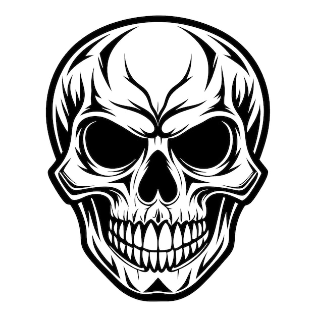 Monocromo vintage Halloween cráneo humano ilustración de línea de arte concepto de vector negro