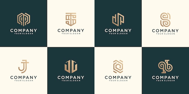 Monogram logo set diseño plano diseños de color dorado en plano minimalista moderno abstracto para negocios