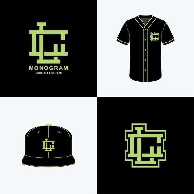 Monogram sport y losa inicial cl o lc para ropa, ropa en camiseta y diseño  de maqueta de snapback | Vector Premium