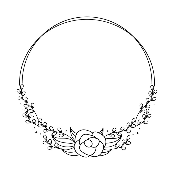 Vector monograma de corona floral personalizado en blanco y negro con diseño circular con flores delicadas