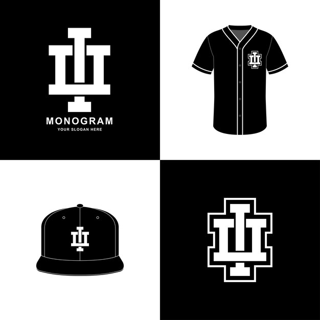 Monograma deportivo y placa inicial IO u OI para prendas de vestir en el diseño de maqueta de camiseta y snapback