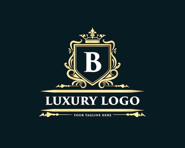 Monograma dibujado a mano floral caligráfico dorado diseño de logotipo de lujo de estilo vintage antiguo con corona