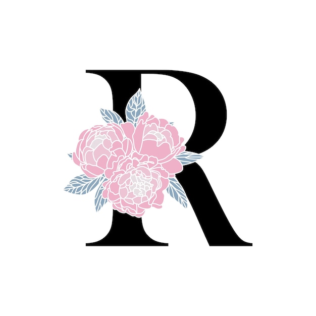 Monograma floral R Ramo de peonía letra R Iniciales de boda