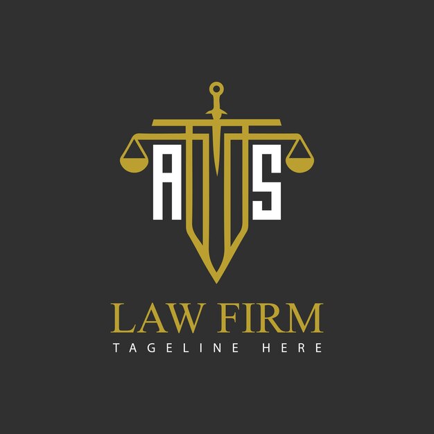 Monograma inicial AS para el logotipo del bufete de abogados con espada y escala