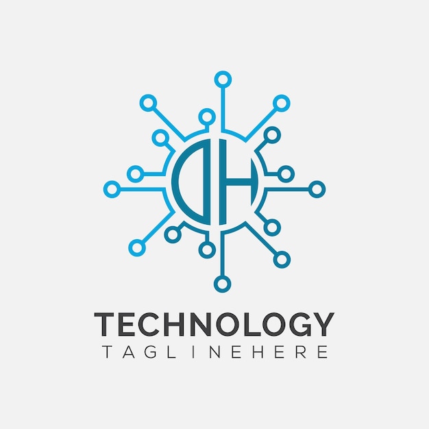 Monograma inicial DH para el logotipo tecnológico con diseño de estilo circular