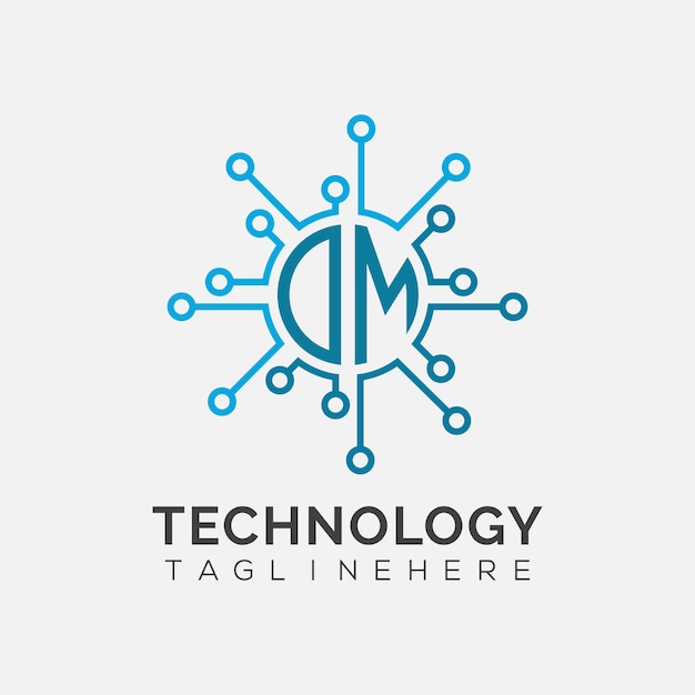 Monograma inicial DM para el logotipo tecnológico con diseño de estilo circular