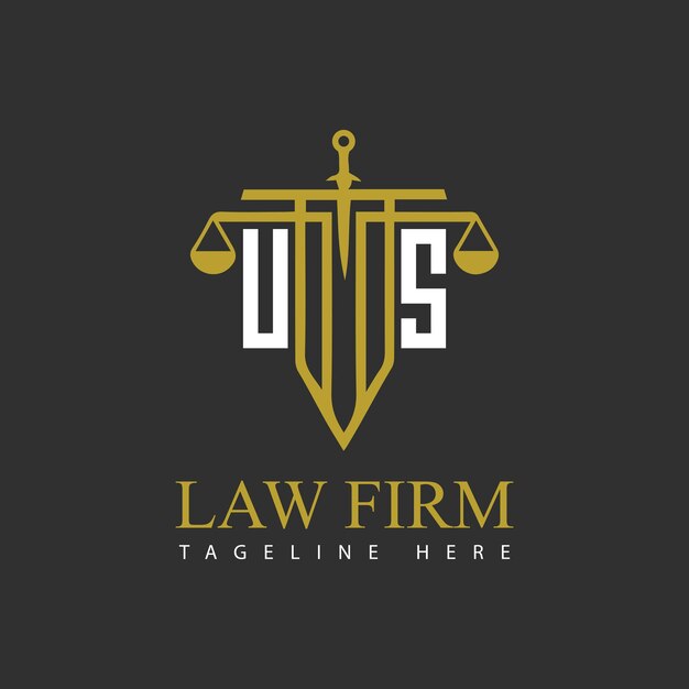 Monograma inicial de los Estados Unidos para el logotipo del bufete de abogados con espada y escala