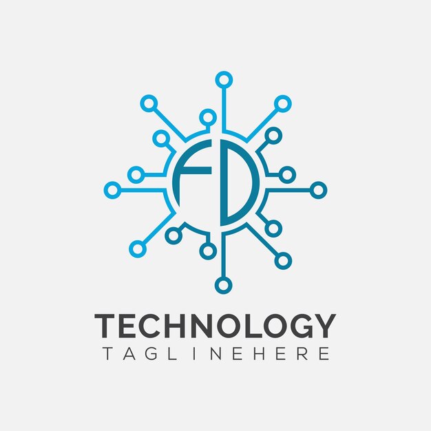 Monograma inicial FD para el logotipo tecnológico con diseño de estilo circular