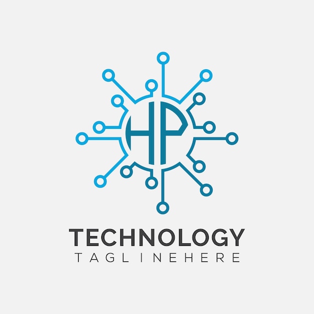 Monograma inicial de HP para el logotipo tecnológico con diseño de estilo circular