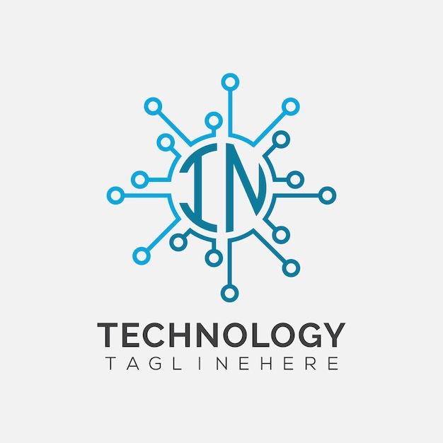 Monograma inicial IN para el logotipo tecnológico con diseño de estilo circular