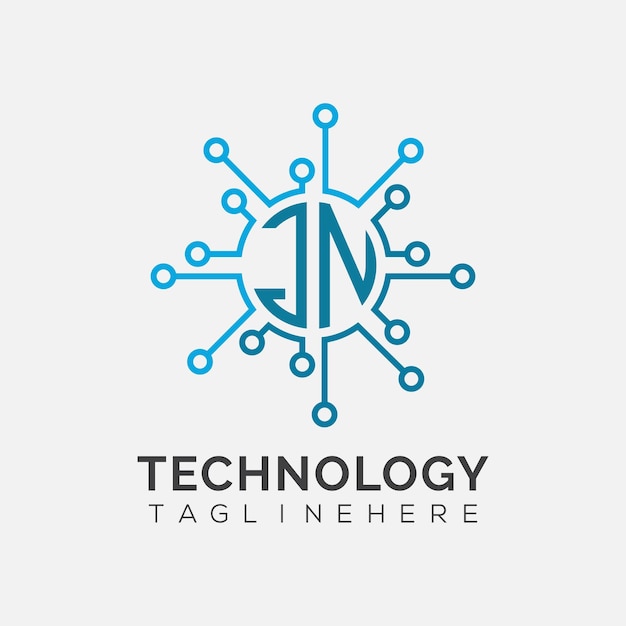 Monograma inicial JN para el logotipo tecnológico con diseño de estilo circular