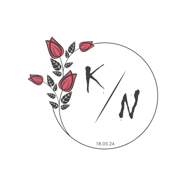 Monograma inicial KN algunas rosas Círculo de boda con diseño creativo
