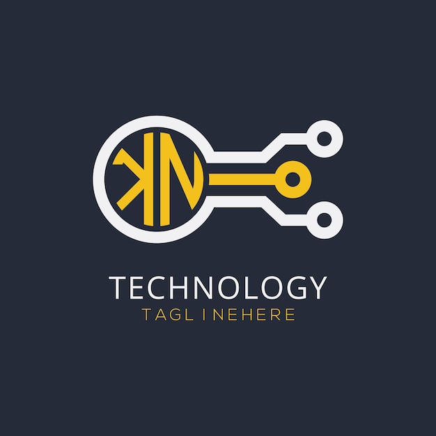 Monograma inicial KN para el logotipo tecnológico con diseño de estilo circular