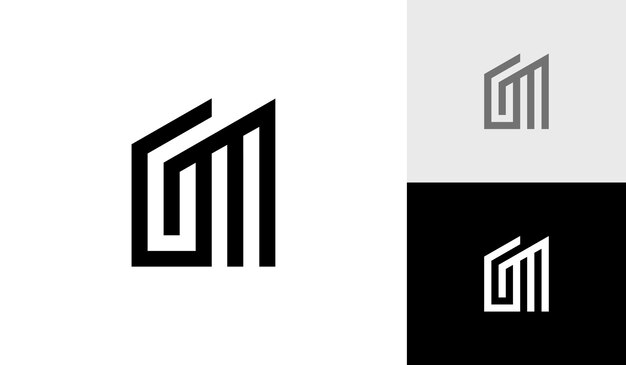 Monograma inicial de letra GM con vector de diseño de logotipo de forma de edificio
