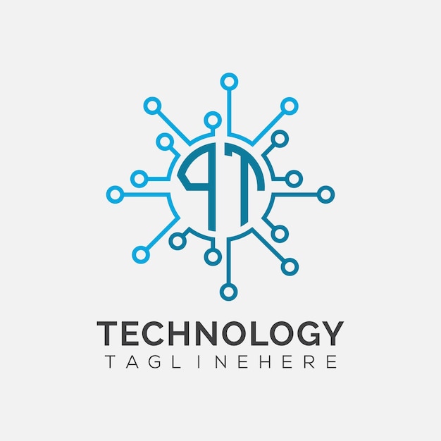 Monograma inicial PT para el logotipo tecnológico con diseño de estilo circular