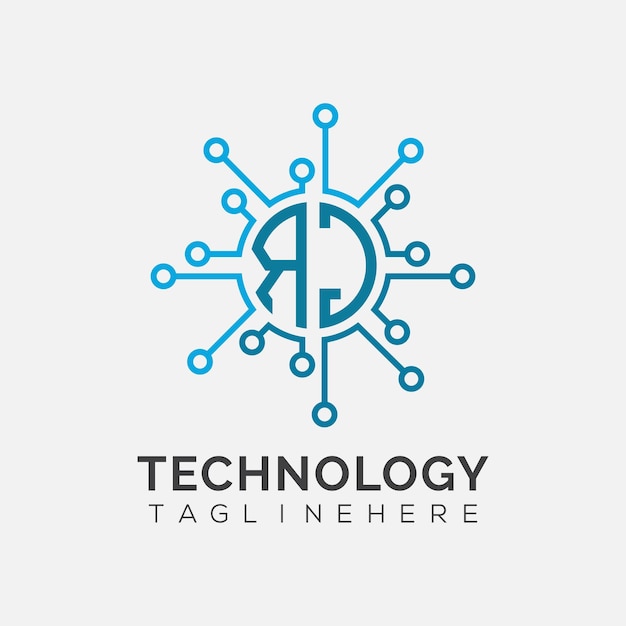 Monograma inicial de RJ para el logotipo tecnológico con diseño de estilo circular