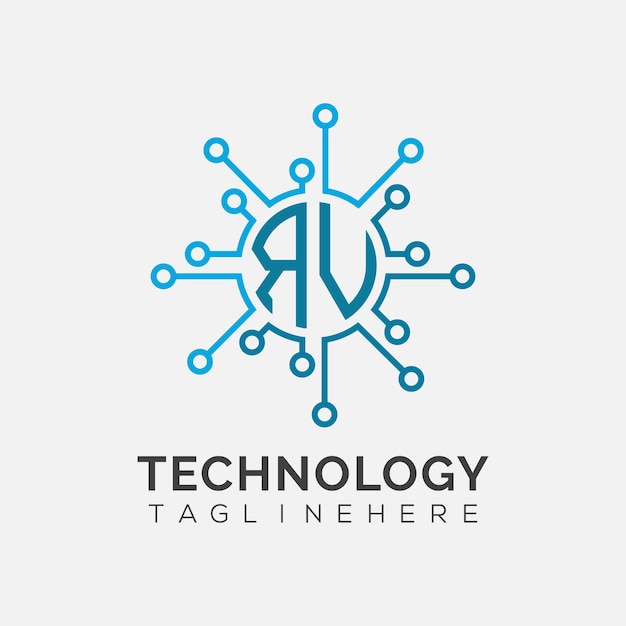 Monograma inicial de RV para el logotipo tecnológico con diseño de estilo circular