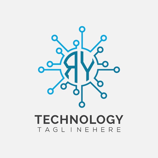 Monograma inicial RY para el logotipo tecnológico con diseño de estilo circular