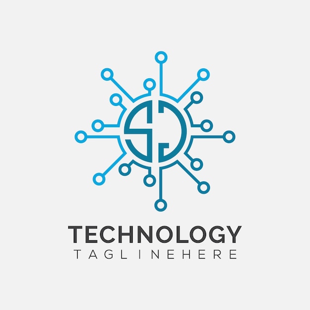 Monograma inicial SJ para el logotipo tecnológico con diseño de estilo circular