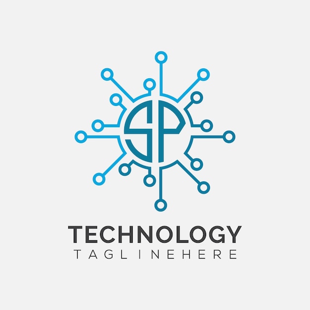 Monograma inicial SP para el logotipo tecnológico con diseño de estilo circular