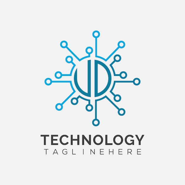 Monograma inicial UD para el logotipo tecnológico con diseño de estilo circular