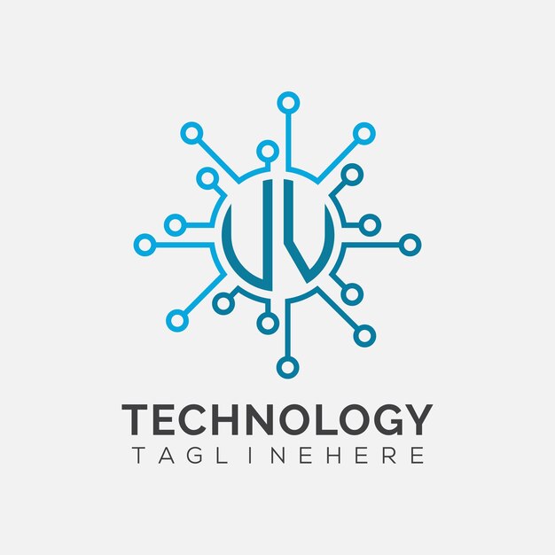 Monograma inicial UV para el logotipo tecnológico con diseño de estilo circular