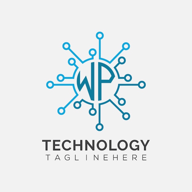 Monograma inicial de WP para el logotipo tecnológico con diseño de estilo círculo