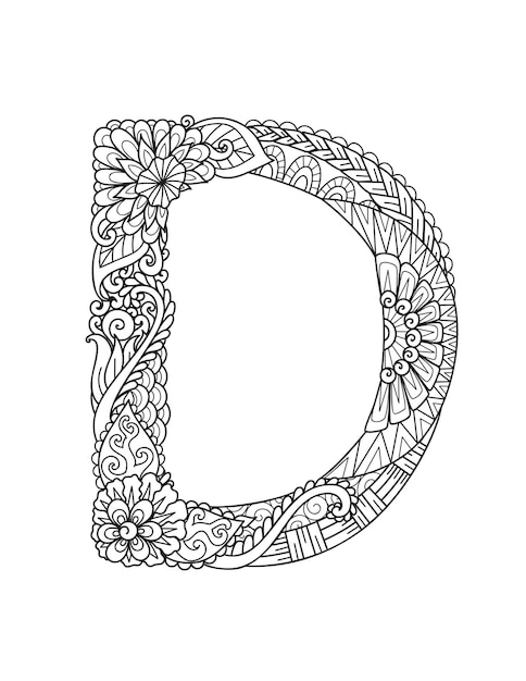 Monograma de la letra D de Mandala, libro de colorear para adultos, diseño de grabado.