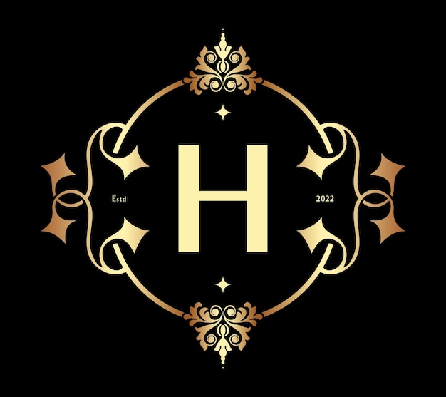 Monograma moderno de la letra H. Plantilla de logotipo Vintage de arquitectura de decoración de borde de marco de lujo