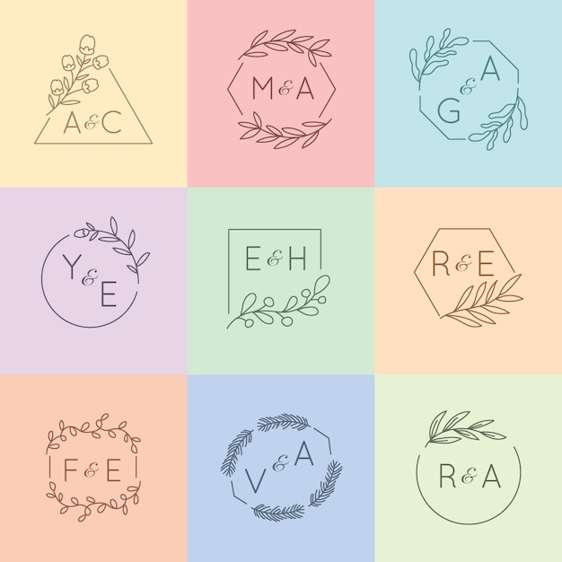 Monogramas de boda minimalistas en colores pastel.