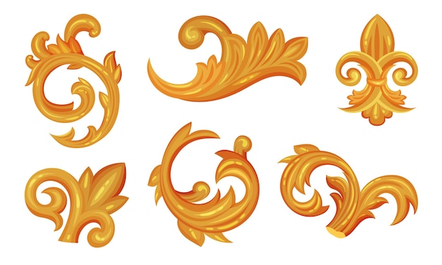 Monogramas dorados antiguos con un conjunto vectorial de pergaminos de lujo