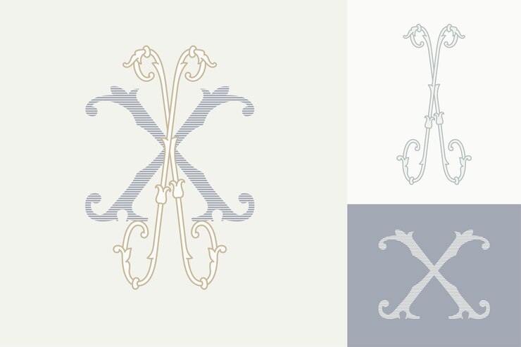Vector monogramas de matrimonio de x para los nombres de la novia y el novio capitales anchas y estrechas iniciales con líneas delgadas y exuberantes patrones de follaje