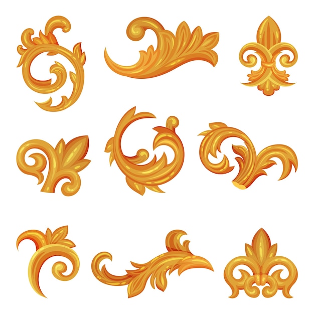 Vector monogramas vintage dorados con un conjunto vectorial de pergaminos de fantasía