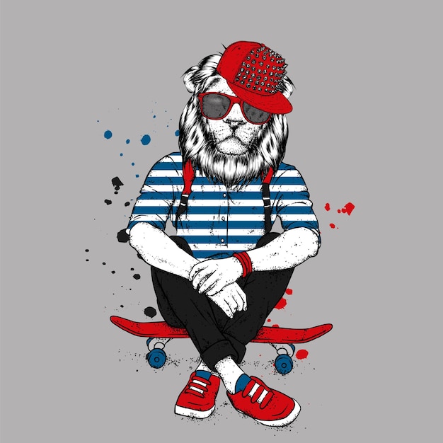 Vector monopatín y león hipster con estilo