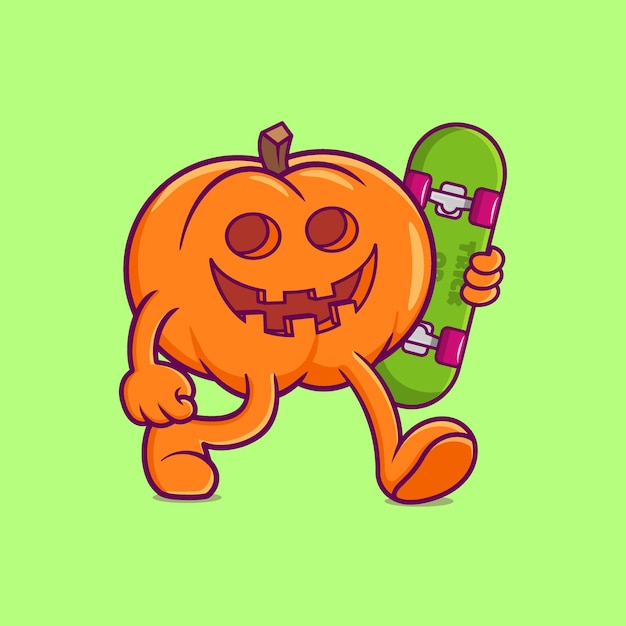 Monopatín lindo de la explotación agrícola de Halloween de la calabaza. estilo de dibujos animados plana Vector Premium
