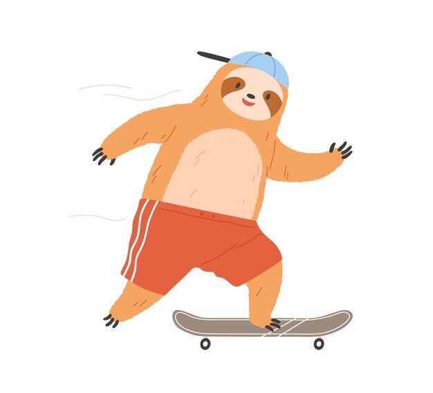 Vector monopatín de montar perezoso lindo. genial personaje divertido patinando a bordo. patinador animal sonriente feliz. skater esponjoso. ilustración de vector plano coloreado aislado sobre fondo blanco